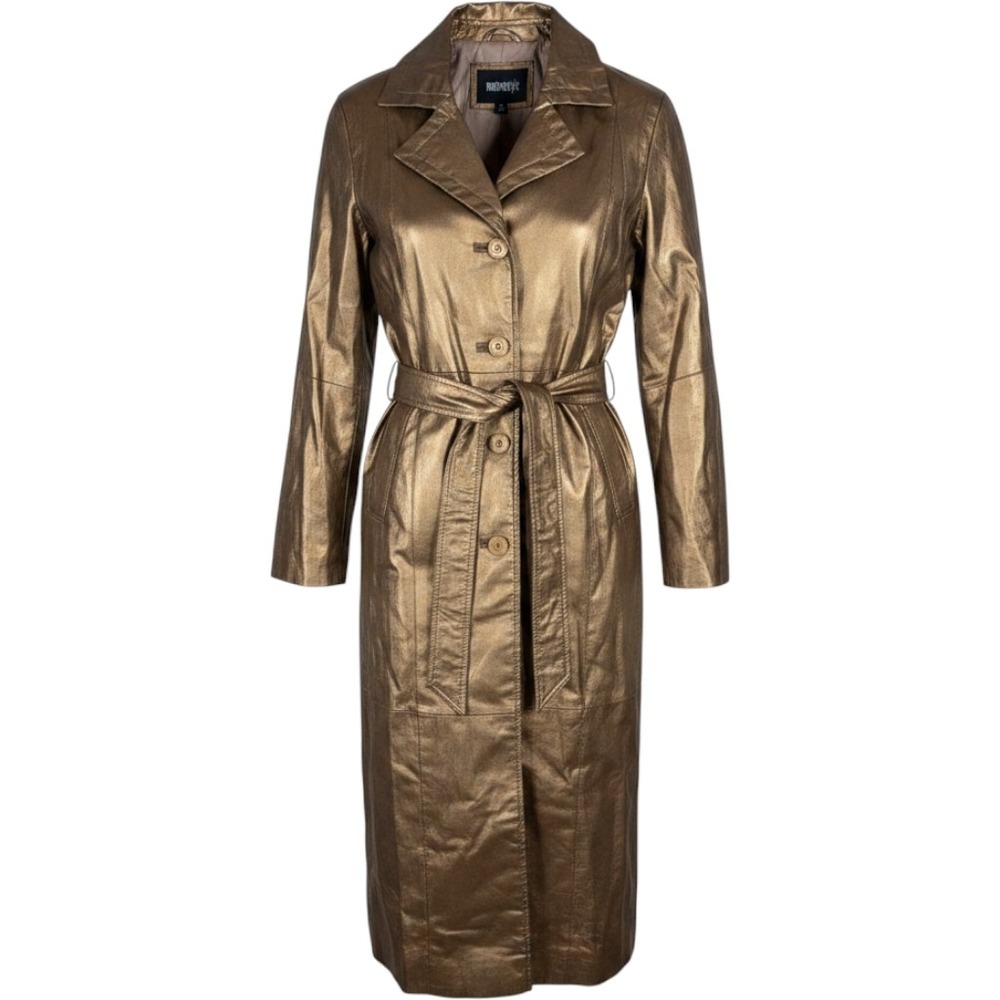 Metrostyle Women Metallic Bronze Genuine Leather Trench Coat Long Belted Small